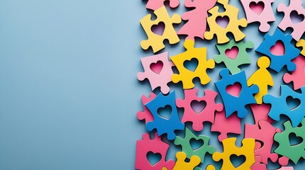 Bright pastel puzzle parts and heart symbols forming a vertical border on light blue surface, ideal for themes of unity, teamwork, and emotional bonding


