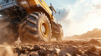A close-up view of a large construction vehicle's tire, kicking up dirt and dust on an outdoor site under a bright sky.