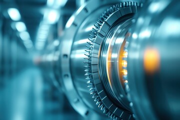 A close-up view of a metallic turbine or machinery component, showcasing intricate details and a futuristic design.