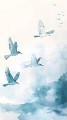 Fototapeta premium Soft Watercolor Painting of Birds in Flight in Pale Blue Tones