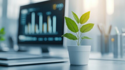 A small green plant in a white pot sits on a desk, with a computer displaying graphs in the background, suggesting a workspace focused on nature and productivity.