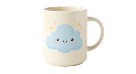 Ceramic mug with a cheerful cloud illustration for cozy beverages and rainy days