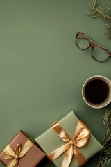 Holiday gifts, coffee, and glasses on a muted green background