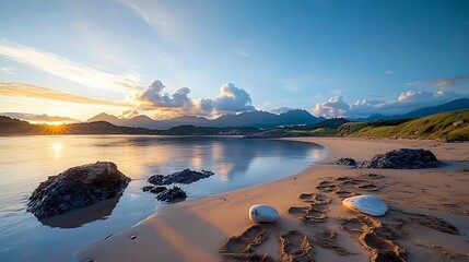 Calm beach scene at dawn, with rocks, footprints, and mountains