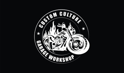 Custom Culture Garage Workshop Logo with Motorcycle and Flames
