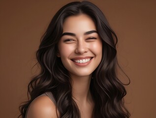 Studio headshot of cheerful young woman with glowing complexion, radiant smile, and luscious brunette curls, ideal for beauty, wellness, and lifestyle concepts


