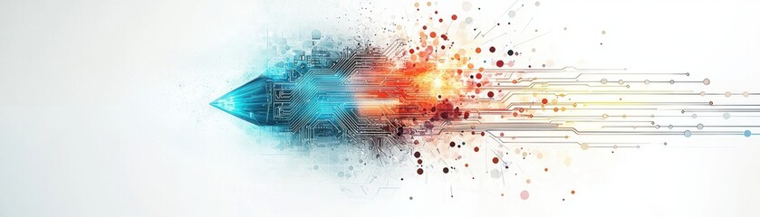 Obraz premium A vibrant, abstract digital design featuring a stylized pen or arrow, showcasing colorful bursts and lines, symbolizing creativity and technology.