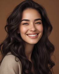 Natural beauty portrait of smiling woman with long wavy brown hair and perfect skin on brown background, showcasing skincare and confidence in studio lighting

