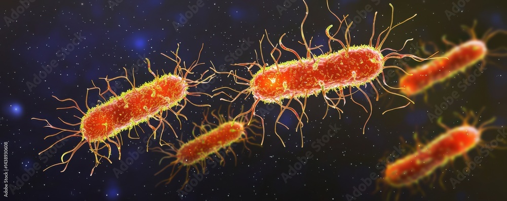 Poster close-up view of bacterial cells floating in zero gravity environment with realistic details and stu