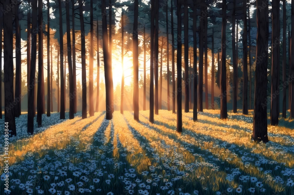 Aufkleber 朝日に照らされた森の光と影 太陽光が木々の間を透過し 花咲く草地を照らす 自然の風景