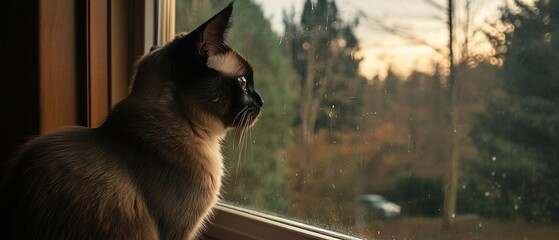 window Siamese cat gazing out of a