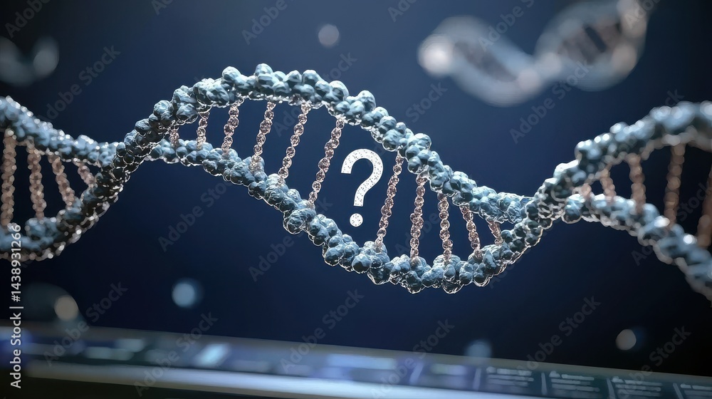 Poster close-up of dna sequence displayed on computer screen with questions highlighting genetic research a