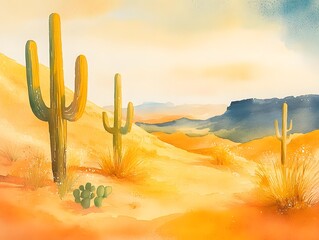 Serene Watercolor Desert Landscape with Cacti and Soft Tones
