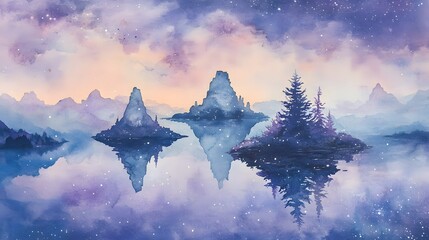 Ethereal Watercolor Dreamscape with Floating Islands and Reflections