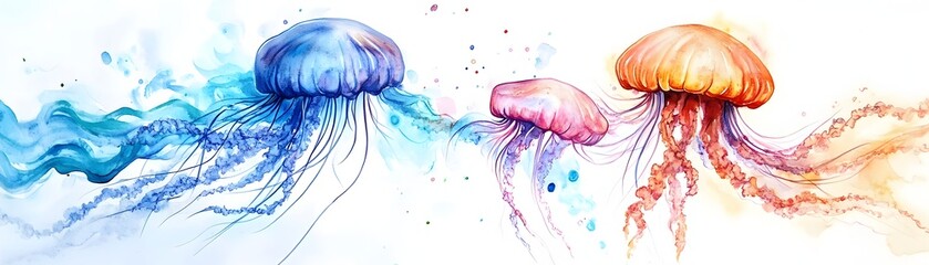 Colorful Watercolor Jellyfish with Transparent Bodies in Ocean Scene