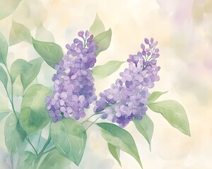 Soft Watercolor Lilacs in Elegant Purples with Detailed Leaves