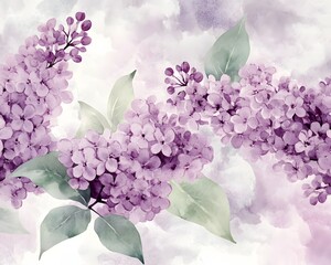 Soft Purple Watercolor Lilacs with Detailed Floral Elements
