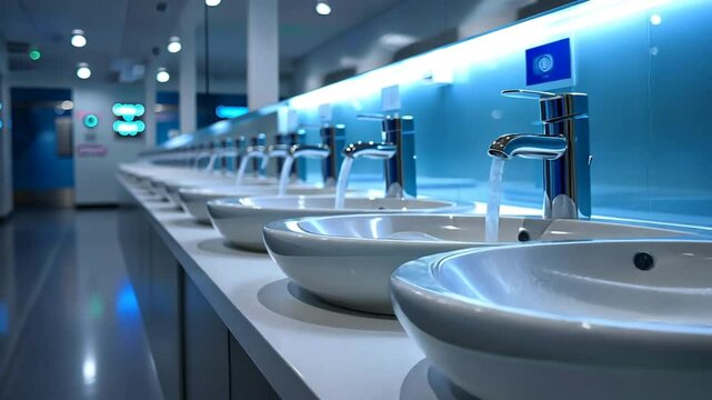 Modern Bathroom Sinks and Faucets with Running Water - Public Restroom Interior