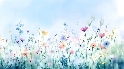 Serene Watercolor Meadow Filled with Colorful Wildflowers and Beauty
