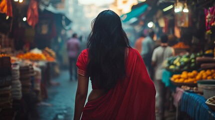 Fototapeta premium Woman in red sari walks through a bustling market with vendors and shoppers in a vibrant atmosphere