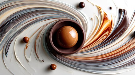 Artistic Chocolate Swirl Featuring a Truffle at the Center on a Clean White Background, Showcasing Creativity and Indulgence in Dessert Presentation