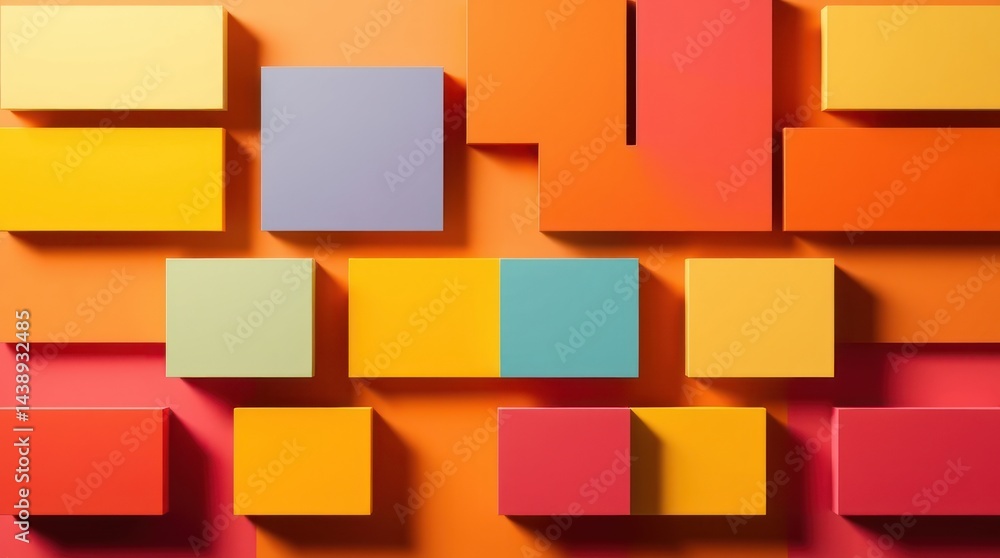 Poster abstract geometric composition of colorful squares and rectangles on an orange background, creating 