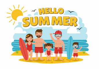 Happy family enjoying their summer holiday vacation at the beach with a surfboard and snorkeling gear. Flat illustration style with bright, cheerful colors