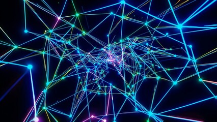 Dynamic digital network of colorful lines and interconnected glowing dots expanding across black background, representing complex technological communication and data flow
