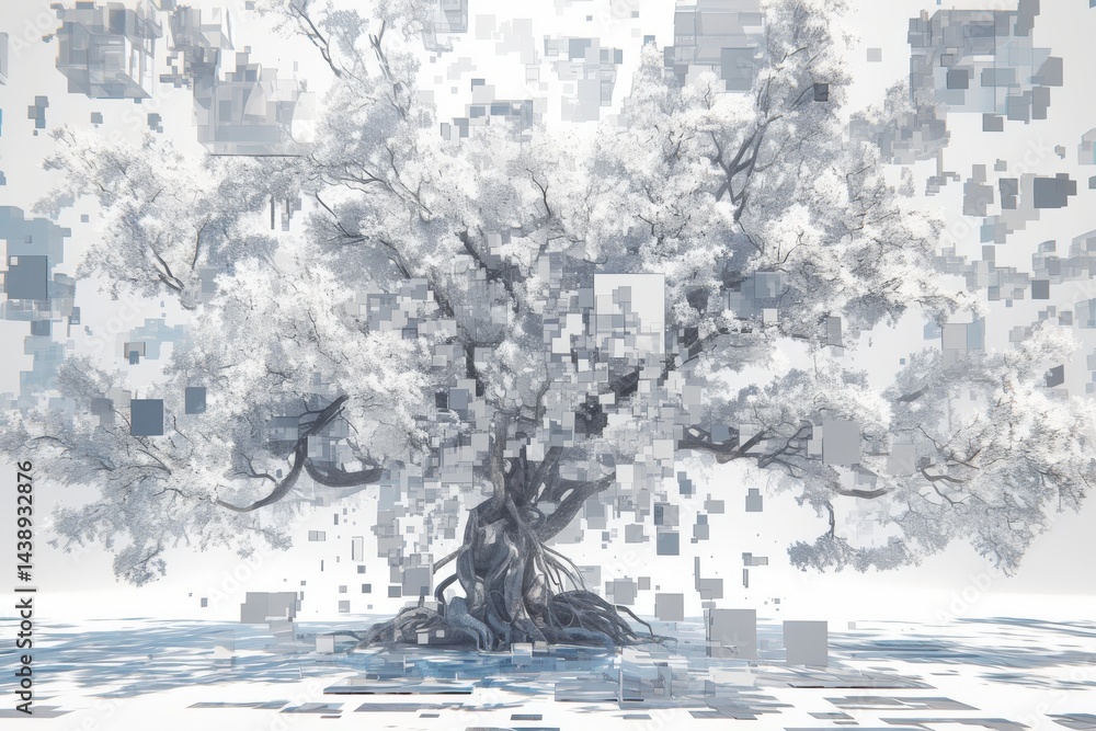 Poster abstract digital tree with intricate roots, surrounded by floating squares