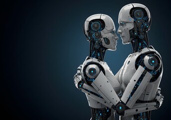 AI Robots Embracing Artificial Intelligence, Futuristic Romance, Cyber Love, Digital Connection, Technological Future.
