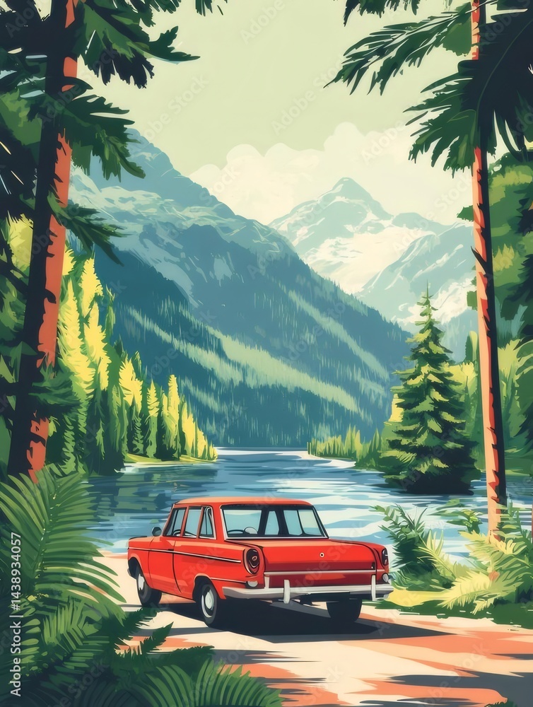 Aufkleber 赤い車が山と川の風景の中を走る夏の日のピクセルアートイラスト