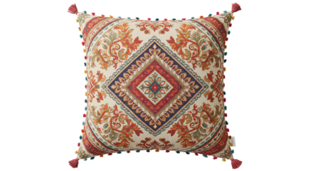 Decorative square pillow with intricate ornamental pattern and tassel details