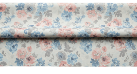 Delicate floral pattern featuring roses and leaves in soft colors on off-white cloth
