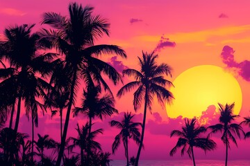 Obraz premium Vibrant tropical sunset silhouette palm trees against a huge yellow sun pink and purple sky stunning ocean view idyllic