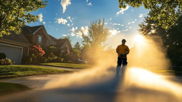 Man cleaning driveway with power washer in morning sunlight, mist rising in suburban neighborhood, residential area with green lawn, peaceful atmosphere, outdoor maintenance, water spray illuminated