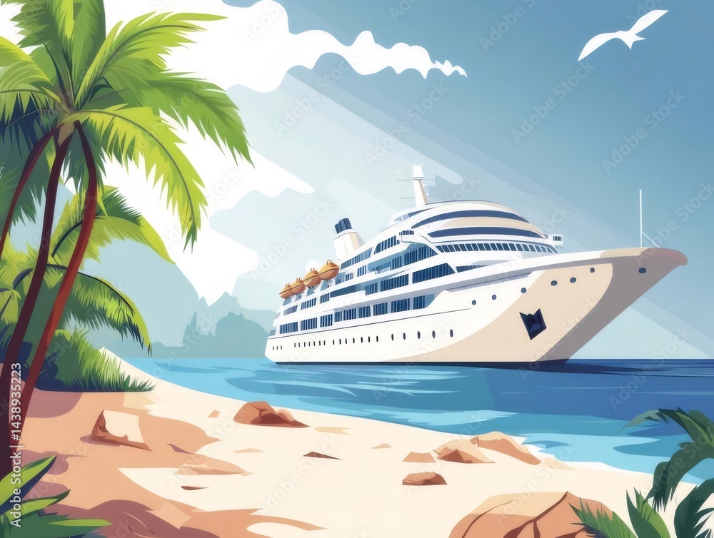Poster 青い海と空の下 豪華客船が佇むトロピカルビーチの風景 ヤシの木と砂浜を背景に 晴れた夏の日の観光イメージ