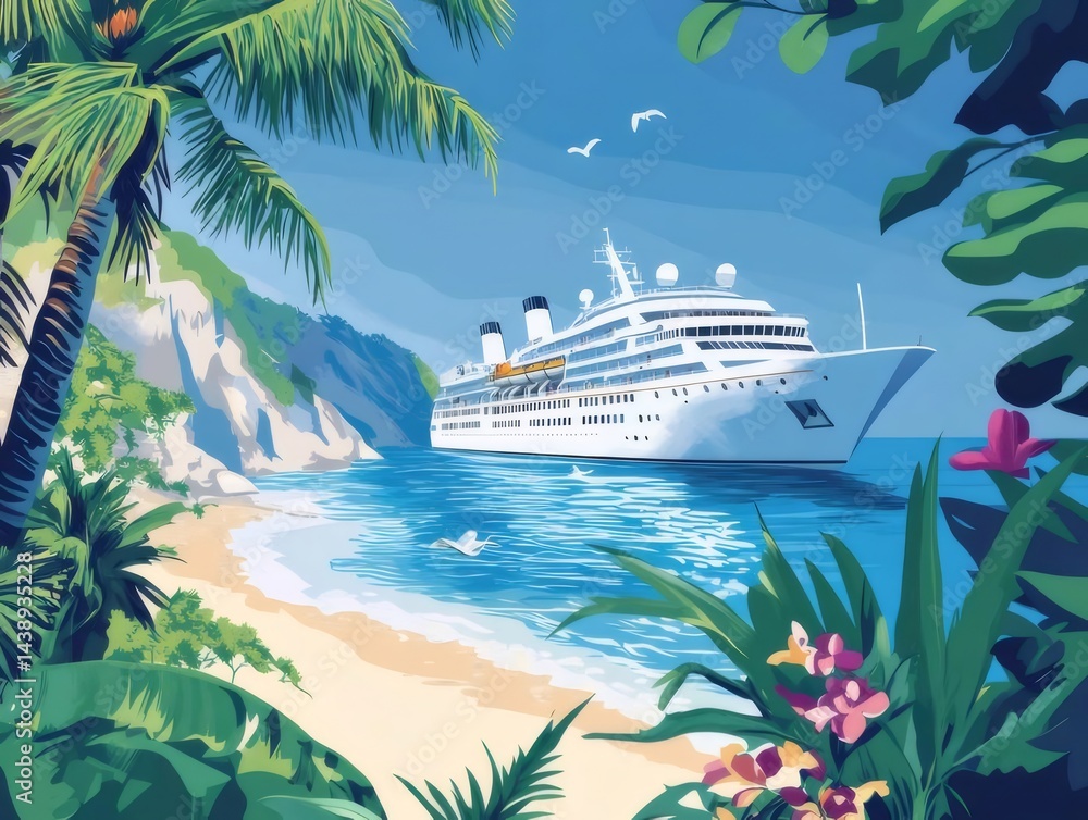 Poster 熱帯の島々での豪華客船と海辺の風景 美しい青い海と緑の植物