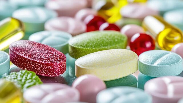 Colorful assorted pills, tablets, and capsules various shapes and sizes, including round, oval, and oblong forms, scattered reflective surface, representing healthcare, pharmaceutical medicine