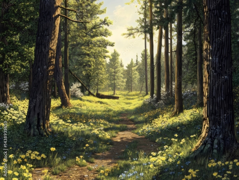 Aufkleber 緑豊かな森の中の小道 太陽の光が差し込む草木 光と影のコントラストが美しい風景
