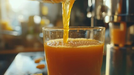 Fresh orange juice being poured into clear glass, sunlight shining through liquid, creating vibrant, healthy, and refreshing breakfast drink with citrus flavor and vitamin rich goodness