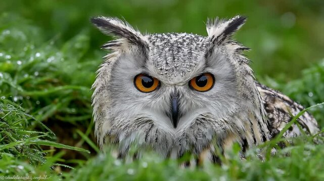Eurasian eagle-owl close-up portrait staring intensely, eyes focused in lush green grass with droplets of water on feathers and plants