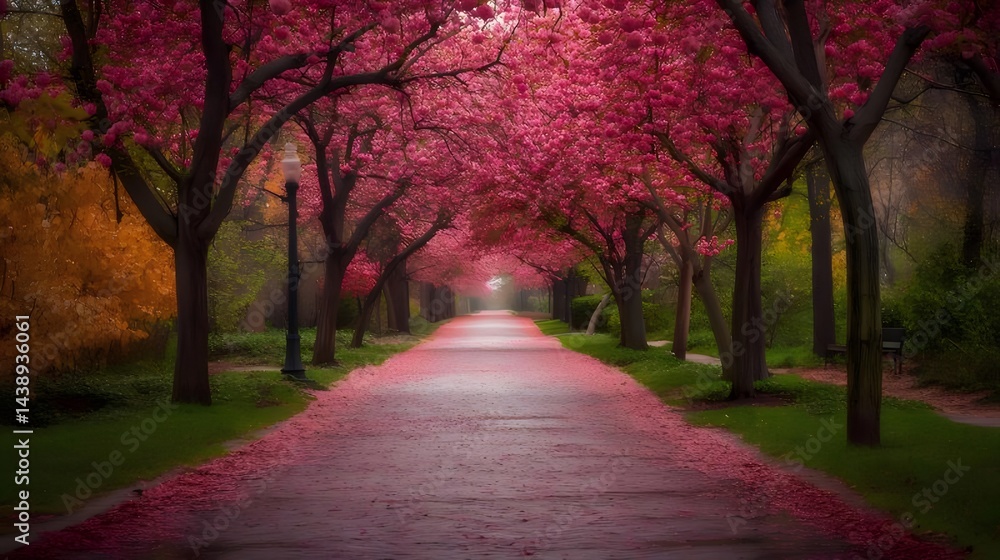 Aufkleber ピンクの花咲く桜並木のトンネルのような美しい風景 春の公園の散歩道を彩る満開の桜と落ち葉の光景
