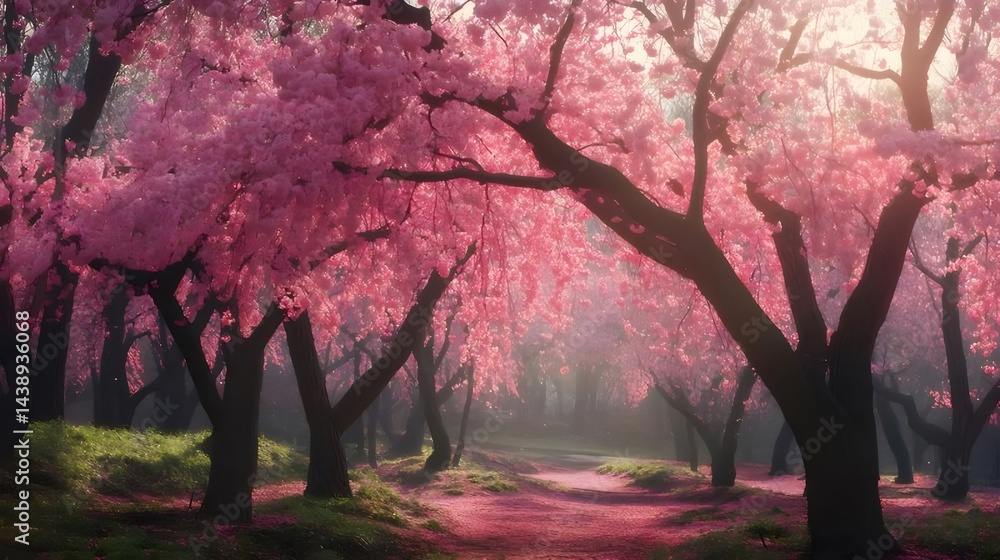 Aufkleber ピンク色の桜並木と光が差し込む美しい風景 鮮やかなピンクの花々と木々のシルエットが特徴的