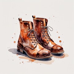 Brown boots watercolor art painting design on plain white background illustration