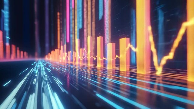 Futuristic glowing bar chart digital data visualization abstract financial graph neon technology background with dynamic lines, modern analytics, vibrant colors, and energetic mood for innovative