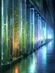 Naklejka premium Biotech Lab Showcases Future Agriculture With Glowing Tubes and Thriving Plant Life in a Modern Research Facility