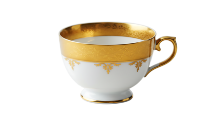 Elaborate teacup with ornate gold design set on clean white background
