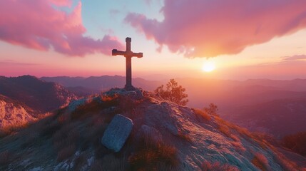 Cross silhouette atop mountain at sunset, spiritual scenic beauty for inspiration
