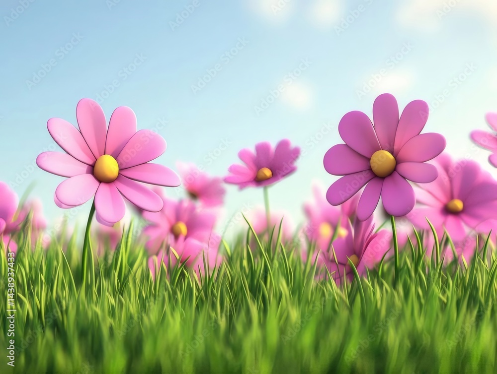Aufkleber 青空の下の鮮やかなピンク色のデイジーの花が咲き乱れる緑豊かな草地 春の穏やかな風景