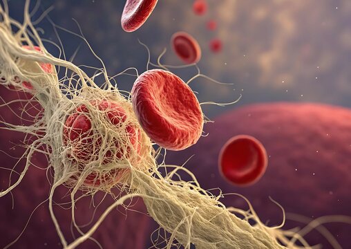 Microscopic View of Red Blood Cells and Fibrin Network in Blood Clotting